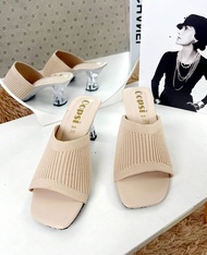 รองเท้าส้นแก้ว รองเท้าผู้หญิง แฟชั่น ส้นสูง 3 นิ้ว BigSize 41-45 ไซส์ใหญ่ แบบผ้าไหมพรม ยืดตามเท้า