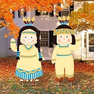 ​GreenPine Thanksgiving Yard Signs Native American Boy and Girl Lawn Stakes Fall Weatherproof Outdoo