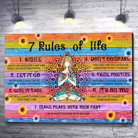 7 Rules of Life Poster Peace Love Wall Art Yoga Meditation Buddha Girl Canvas Print Life Quotes Pict