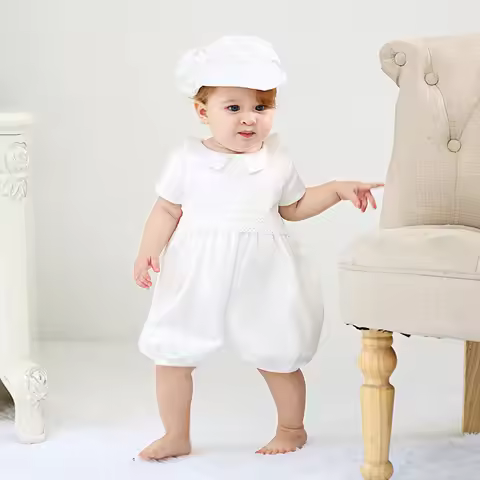 0-2 Yrs Baby Boys Christening Clothes Infant Toddler White Birthday Outfits with Hat 2pcs Baptism Cl