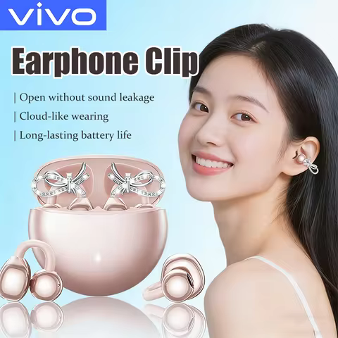VIVO Clip-on Earbuds Wireless Bluetooth Open Ear Headphones with Detachable Crystal Bowknot Earrings