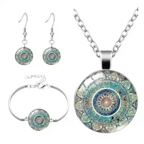 4pcs Vintage Decoration Creative Glass Pendant Women's Mandala Spend Time Gemstone Necklace&Bracelet