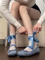 Treading Snow Looking for Plum Blue Retro French Bow Laced-Up Ballet Shoes Women 2024 Spring Autumn Shallow Mouth Flat Shoes Dance Shoes Row Dance Shoes Dance Shoes Flat Shoes Women Casual Shoes Lazy Shoes Women