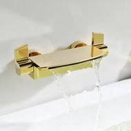 銅體白色缸邊式浴缸龍頭冷熱掛牆式混水閥金色淋浴花灑瀑布水龍頭