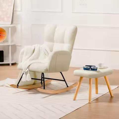 Nursery Rocking Chair with Ottoman, Teddy Glider Rocking Chair, Accent Chair with High Backrest Read