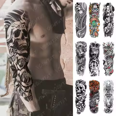 Large Full Arm Sleeve Waterproof Temporary Tattoo Sticker Skul Dragon Snake Lion Wolf Tiger Prajna F