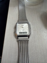 Casio 復古方型雙顯示金屬網帶手錶
