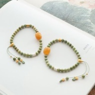 天然原礦菜籽黃綠松石 蜜蠟棗珠猛獁牙銀錢幣設計單圈手串