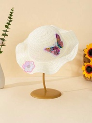 一頂女孩閃閃發光的蝴蝶花卉亮片波浪邊白色草帽，適用於兒童，夏季防曬帽