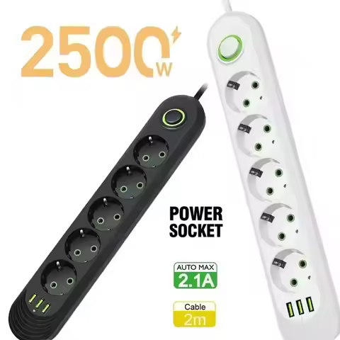 2500W Power Strip with USB QC Fast Charge EU Plug Extension Cord 2M 4AC Outlets 3USB Ports Surge Pro