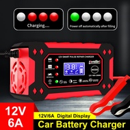 【ในสต็อก】เครื่องชาร์จแบตเตอรี่รถยนต์ 12V 6A ซ่อมพัลส์อัตโนมัติเต็มรูปแบบจอแสดงผล LCD ดิจิตอลเครื่องชาร์จแบตเตอรี่ 4-100Ah เปียกแห้งกรด AGM เจล