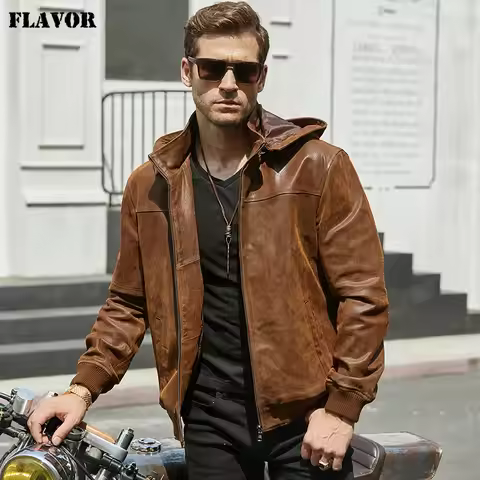 FLAVOR Men's Winter Jacket Genuine Leather Pigskin With Hood Motorcycle Jacket Natural Leather Jacke