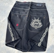 Jnco กางเกงขาสั้นเอวสูงพิมพ์ลายมงกุฎกางเกงยีนส์ขาสั้นทรงหลวม Y2k ฮิปฮอปฮาราจูกุแนวสตรีทสวมใส่ได้ออกก