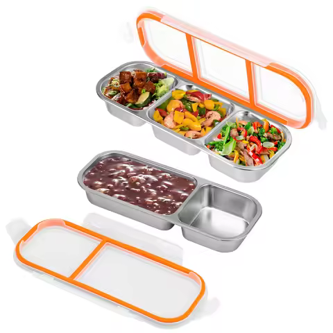 2Pcs Stainless Steel Food Divided Box Fresh-keep Food Container Rectangle Picnic Bento Tray Refriger