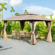 Domi 10'x14' Gazebo With Double Roof Soft Top, Patio Gazebo Canopy Tent Metal Frame For Deck Backyar