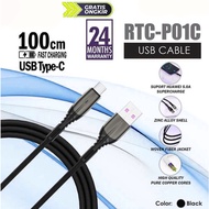 HITAM Recci 100CM 5A Fiber Jacket + Zinc Alloy RTC-P01C TYPE-C USB Cable Black