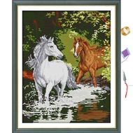Two horses wadingCross Stitch DIY Embroidery Kit Living Room landscape Decorative Painting 11CT 14CT