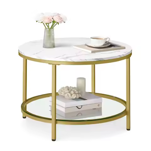 Round Coffee Table, 2Tier Small Coffee Table with Faux Marble Top and Glass Shelf, Modern Style, for