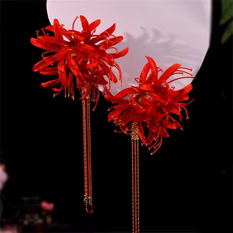 1pcs Handmade Red Lycoris Radiata Flower Hairpin Tassel Hair Clip Wedding Bridal Hanfu Accessory Wom