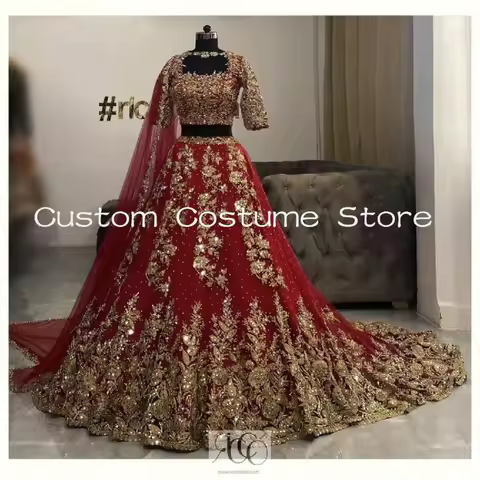 Burgundy Lehenga Choli Indian prom Dresses with Wrap Veil Ethnic Two Pieces Sparkly Muslim Chunri Br