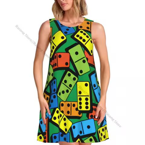 Summer Vest Dress Women's Casino Colorful Domino Pattern Sleeveless Female Dresses