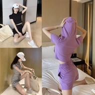 M-4XL Suit Set Women Solid Color Short Sleeve Hoodies+ Elastic Waist Shorts 2pcs/set