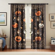 2PCS Halloween Themed Printed Curtains With Orange Background, Ghost, Witch, Bat, Pumpkin And Other 
