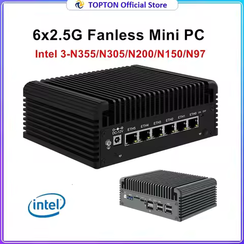 6 LAN 2.5G Fanless Mini PC Intel 3 N355 N200 N150 N97 i226-V DDR5 Firewall Appliance 2xNVMe 1xSATA3.
