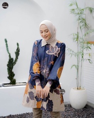 Tunik Kancing Depan Busui Jumbo - Tunik Mawar Navy - Baju Tunik Modern - Batik Wanita Seragam