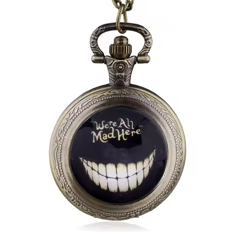 New Alice in Wonderland We're All Mad Here Quartz Pocket Watch Analog Pendant Necklace Mens Womens G