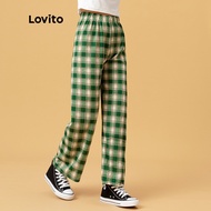 (Essential Item) Lovito Casual Plaid Pants Elastic Waist Straight Wide Leg Pants for Women