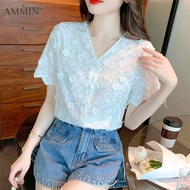 MMIN เสื้อลูกไม้ปักคอวีแขนสั้นผู้หญิงเสื้อลายลูกไม้ชีฟองสีขาวปักแฟชั่นทรงหลวมฤดูร้อนสไตล์เกาหลี