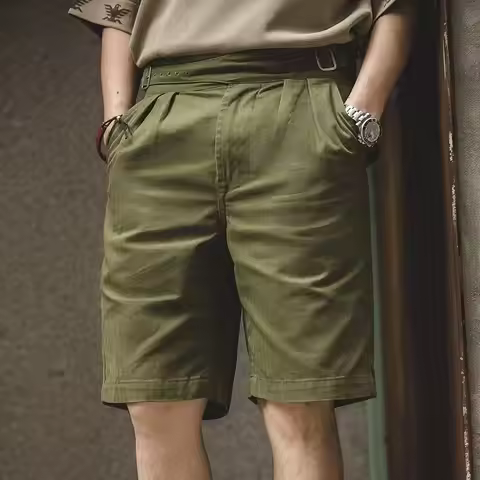 Summer Vintage Gurkha Shorts Men High Waist Buckle Knee Length Naples Work Pants Casual 100% Cotton 