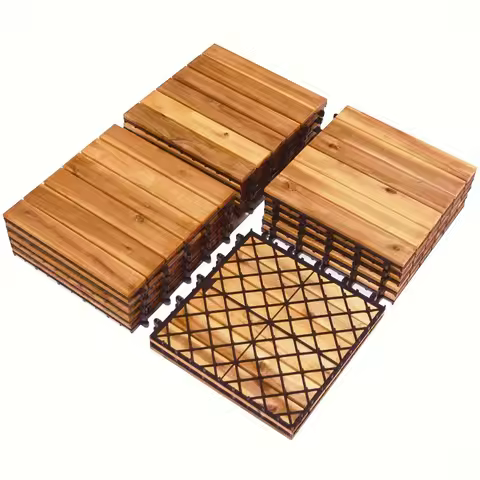1pc Interlocking Acacia Wood Tiles] Costway 1PC Patio Interlocking Tiles Acacia Slat Wood Garden Out