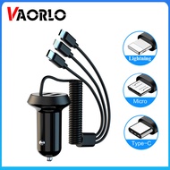 VAORLO 3 in 1 Car Charger 18W Dual USB Charger Adapter 12v 24v Fast Charger 3 Cable Type C/Micro USB/Lightning Charging Cable