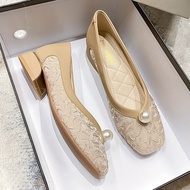 Kasut Wanita Mutiara Tumit Rendah Slip-On Gaya Perancis Kasut Tunggal Wanita 2025 Musim Bunga Baharu