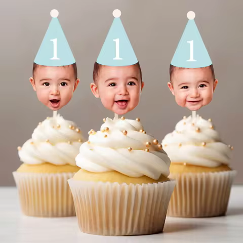 Personalized Custom Face Cupcake Toppers 12 Pcs Photo Topper Fun Party Hat Cupcake Topper for Birthd