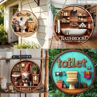 4 Styles Pastoral Round Wooden Hanging Signs For Bathroom, Gnome / Bathtub / Toilet Floral Pattern T