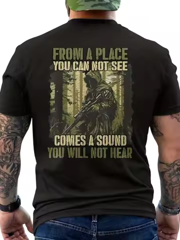 Men's Military Sniper T-shirt - Tactical Back Print Forest Camouflage Design Suitable for Military C