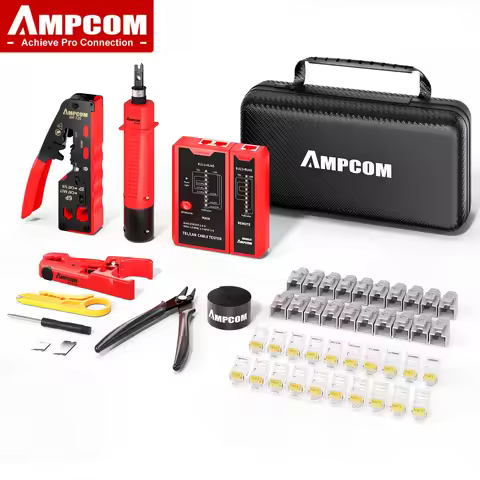 AMPCOM RJ45 Pass Through Crimping Network Tool Kit for Cat5e Cat6 Cat7 with Network Crimper/Punch Do