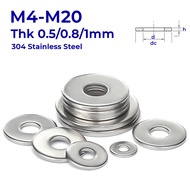 304 Stainless Steel Flat Washer M4 M5 M6 M8 M10 M12 M14 M16 M18 M20 Plain Gasket Bolt Flat Gasket Thickness 0.5/0.8/1mm