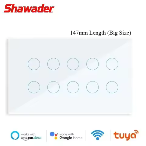 Shawader WIFI Smart Touch Light Wall Switch Interruptor Glass Panel 8/10 Gang 147 Tuya smart Life Re