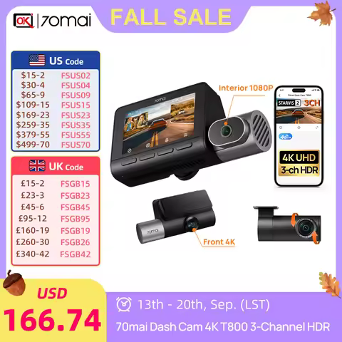 70mai Car DVR 4K T800 3-Channel HDR Car DVR Supercapacitor WiFi 6 Voice Control GPS ADAS Support 4G 