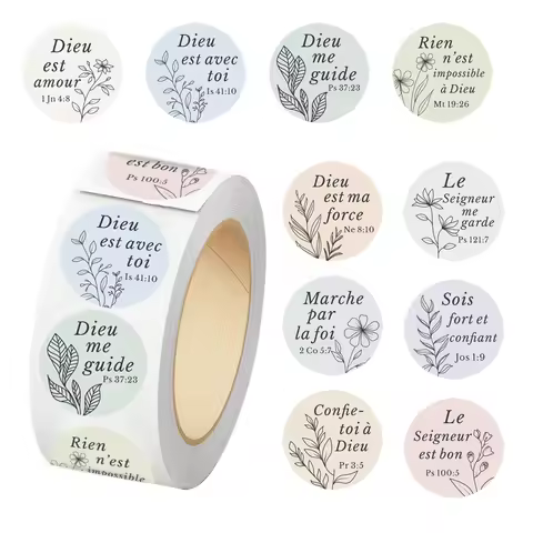 500 Pcs French Bible Verse Round Stickers Roll, Pastel Scripture Quote Labels with Botanical Line Ar