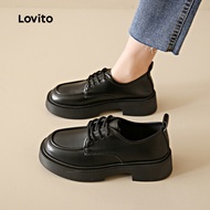 Lovito Vintage Plain Retro British Style Lace Up Loafers Black Leather Shoes Jk Boat Shoes for Women