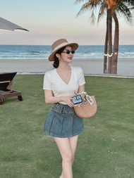 Set áo thun trơn và chân váy jean mặc đi chơi trẻ trung set basic váy demin xếp ly chất đẹp bán shop