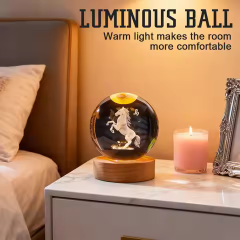 6/8cm 3D Laser Engraving Luminous Zodiac Crystal Ball,Solid Wood Base Home Night Light Ornament Birt