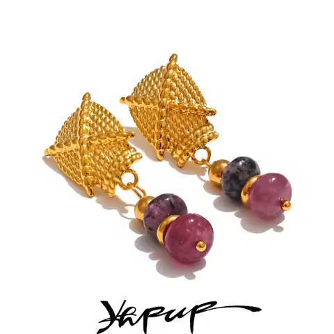 Yhpup Stainless Steel Natural Stone Drop Golden Waterproof Handmade France Earrings Jewelry (Each st