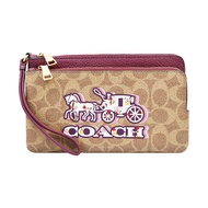 COACH 經典緹花LOGO雙層拉鍊大款手拿包 萬用包 馬車圖案x棕褐色 /平行輸入
