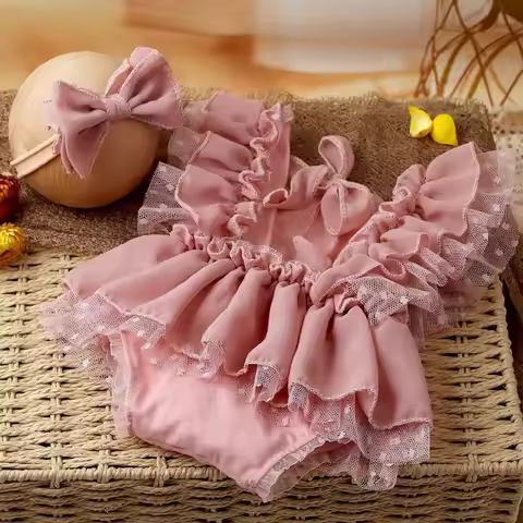 Cute Lace Details Newborn Romper Chiffon Material Bow Hairband Chiffon Romper Dusty Pink Dot Lace Ro